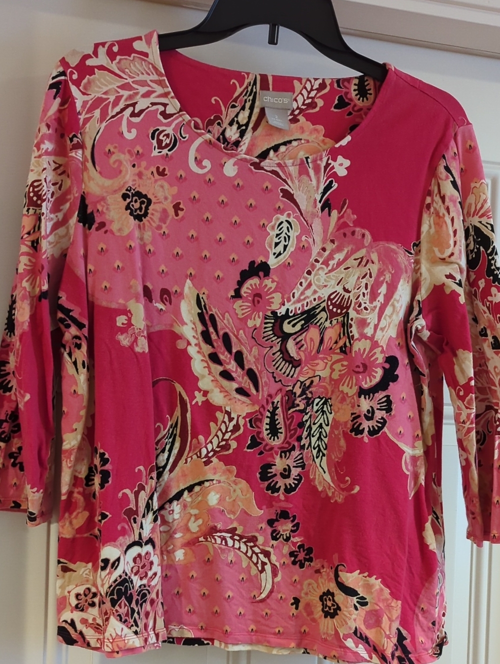 Chico's Pink & Cream Floral Scoop Neck Long Sleeve Top